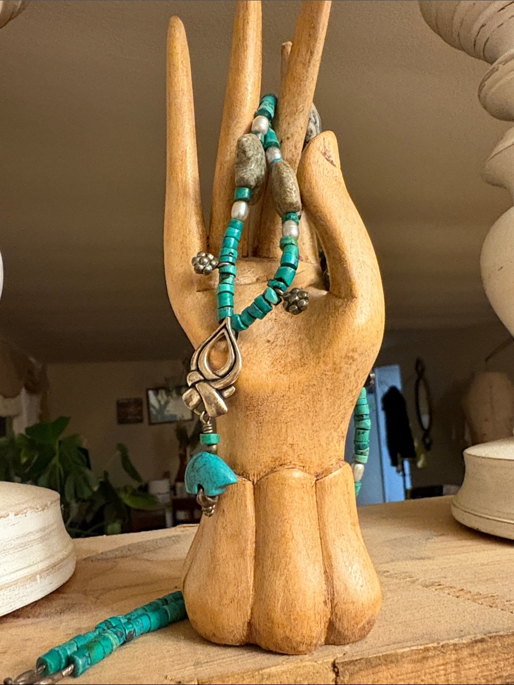 Fetish Bear Turquoise Beaded Sterling silver Pendant Necklace - Women's Jewelry
